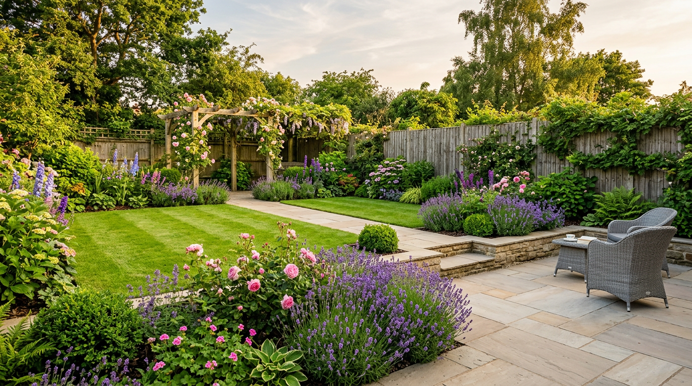 Beautifully finished UK back garden with natural stone patio, lawn and planted borders by TS Landscaping