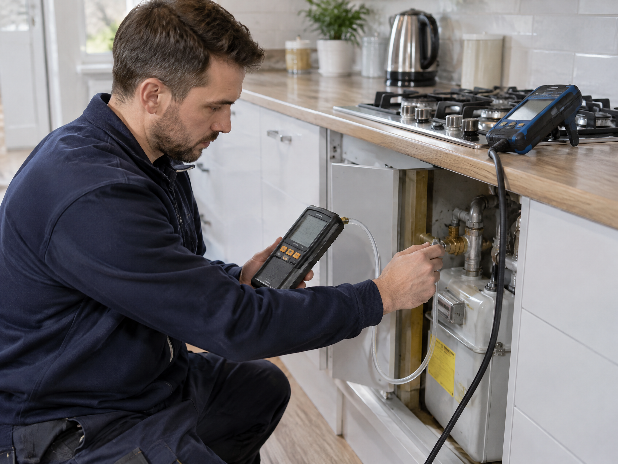 Gas engineer performing a gas safety check with a manometer