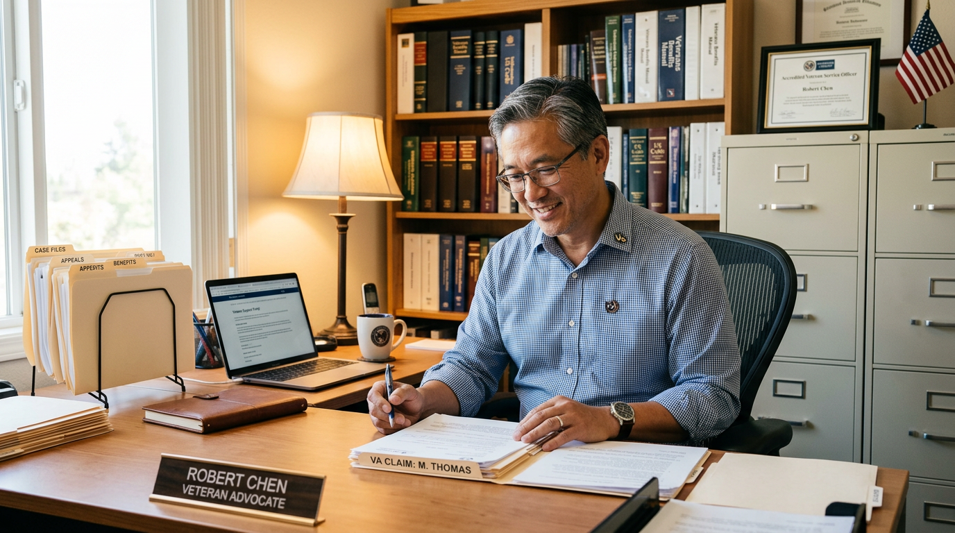A veteran advocate reviewing case files at his desk in a professional office with legal reference books