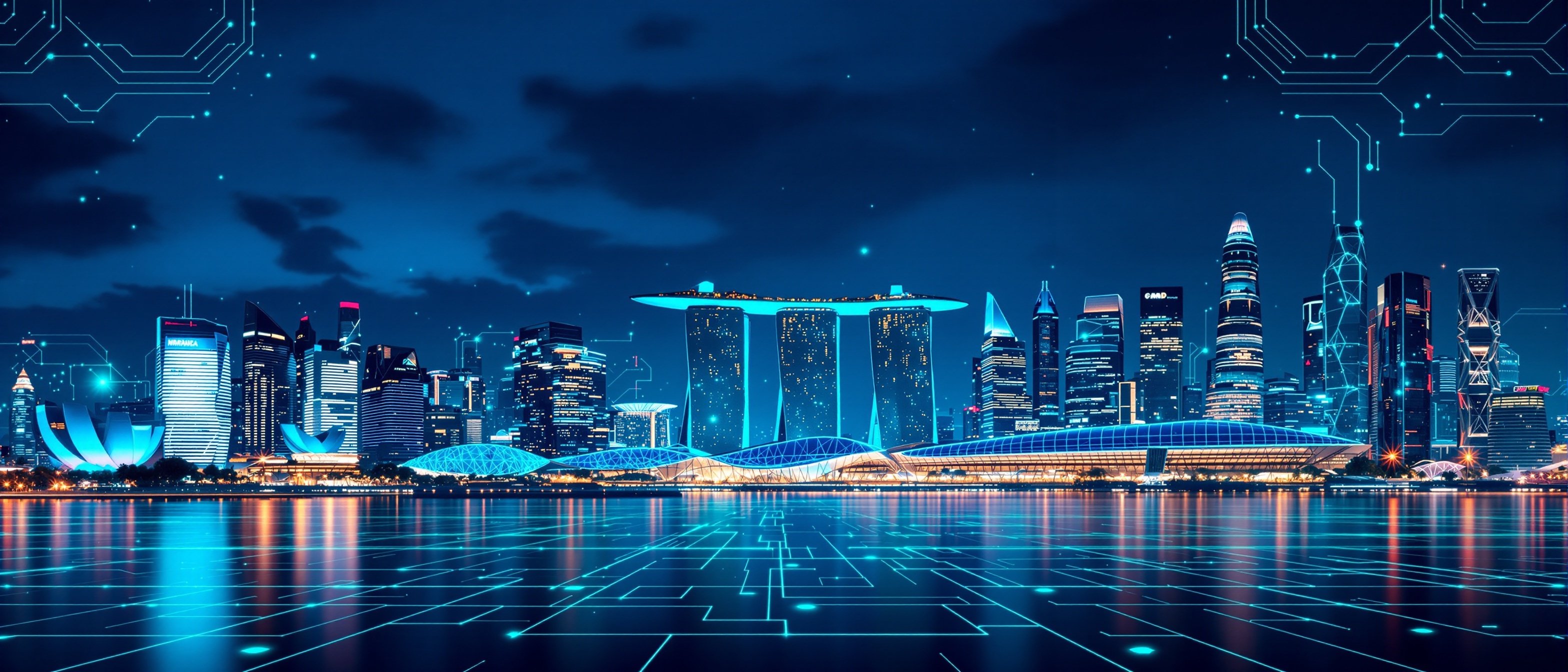 Futuristic Singapore skyline with AI network overlay