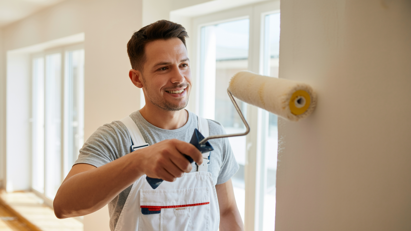 Professioneller Maler in weißer Arbeitskleidung beim Streichen