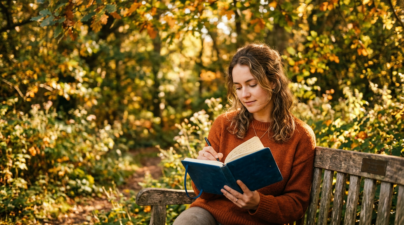 Pessoa escrevendo em diário ao ar livre em banco de parque cercada de natureza