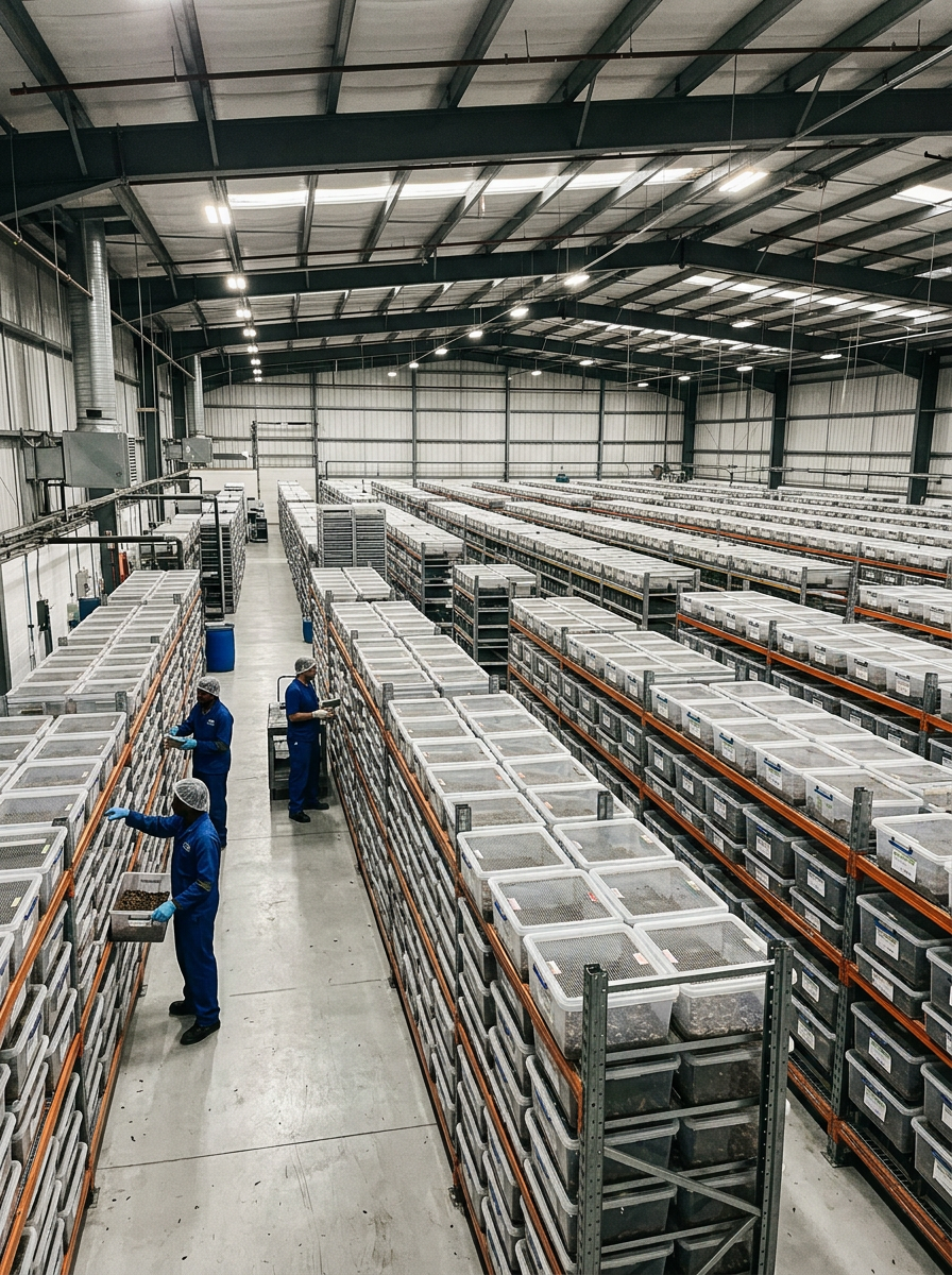 Photo of a large cricket farm in a warehouse. Long aisle in the center with hundreds of red cricket containers on shelves on both sides. Commercial insect farming at scale.