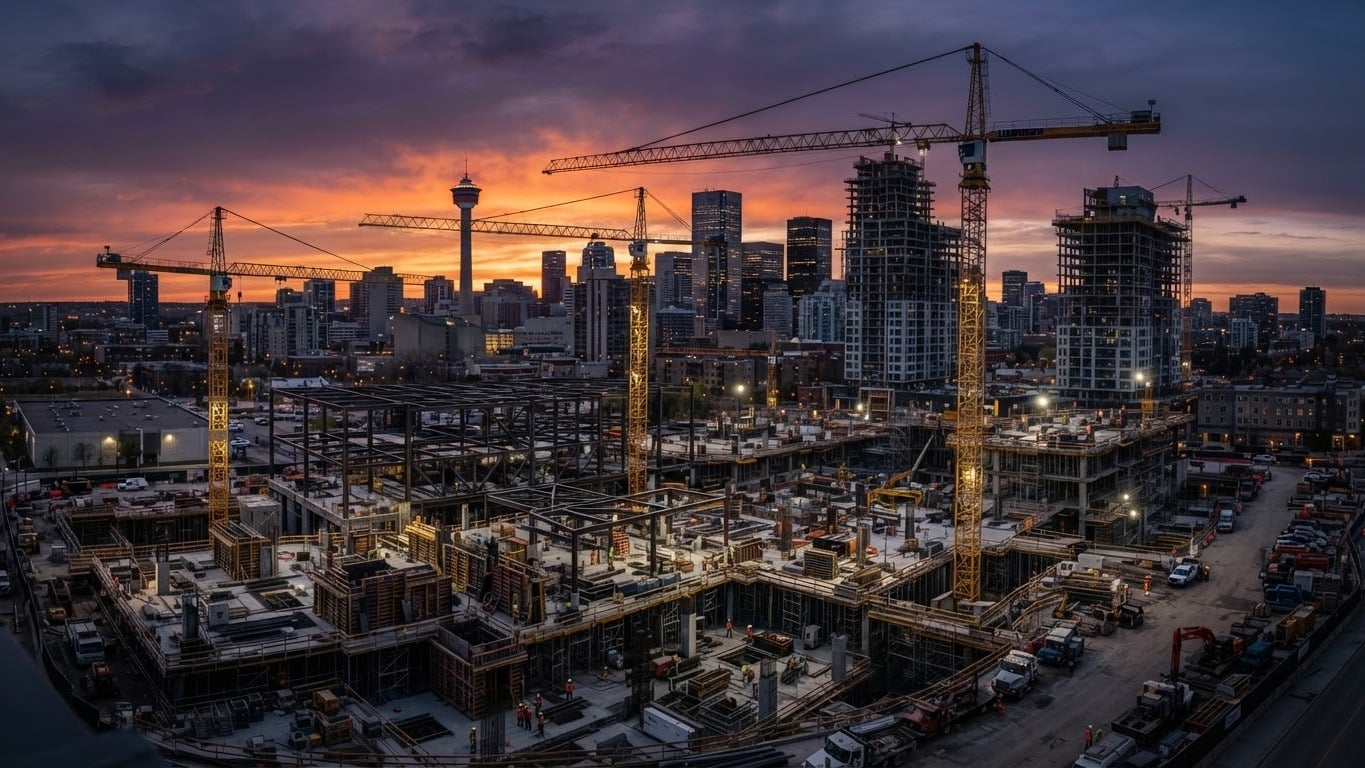 Construction site with cranes at dusk