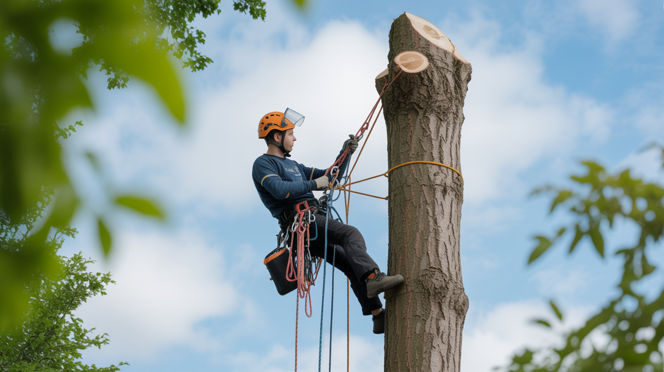 Tree surgeon climbing with safety equipment