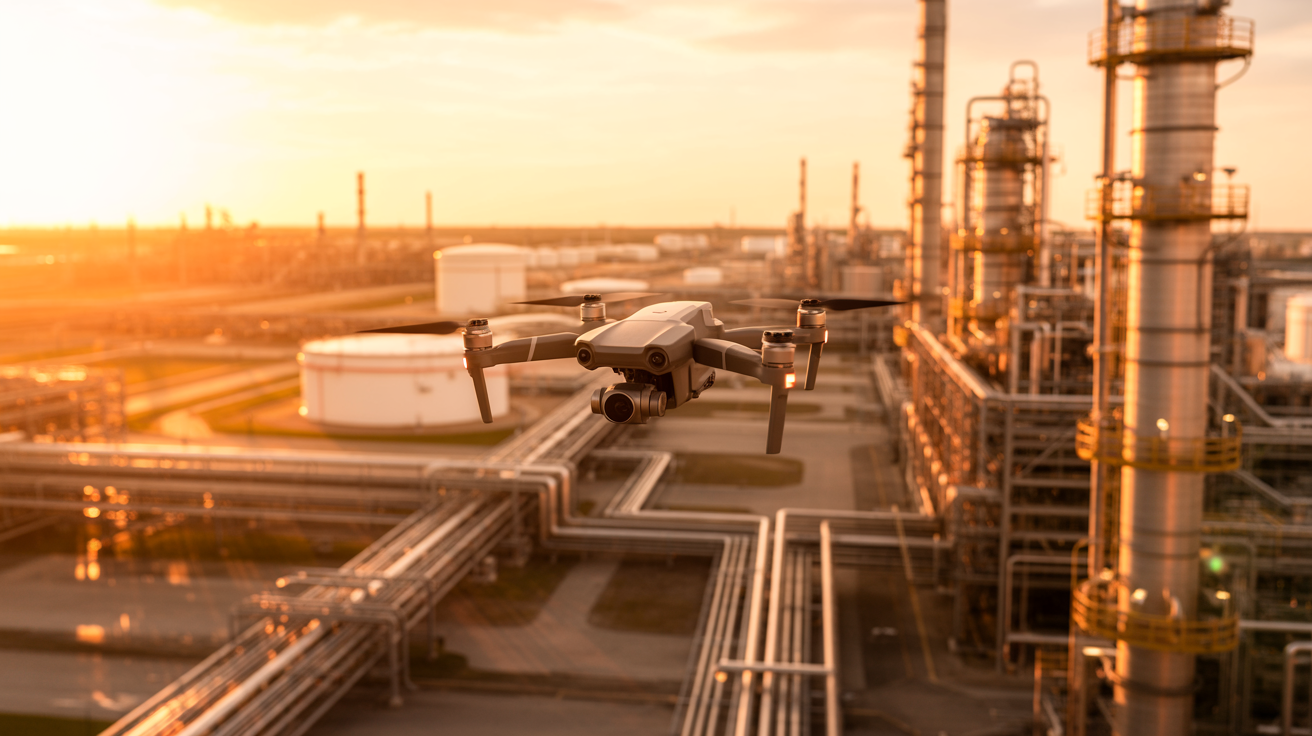 Industrial inspection drone at golden hour capturing pipeline data