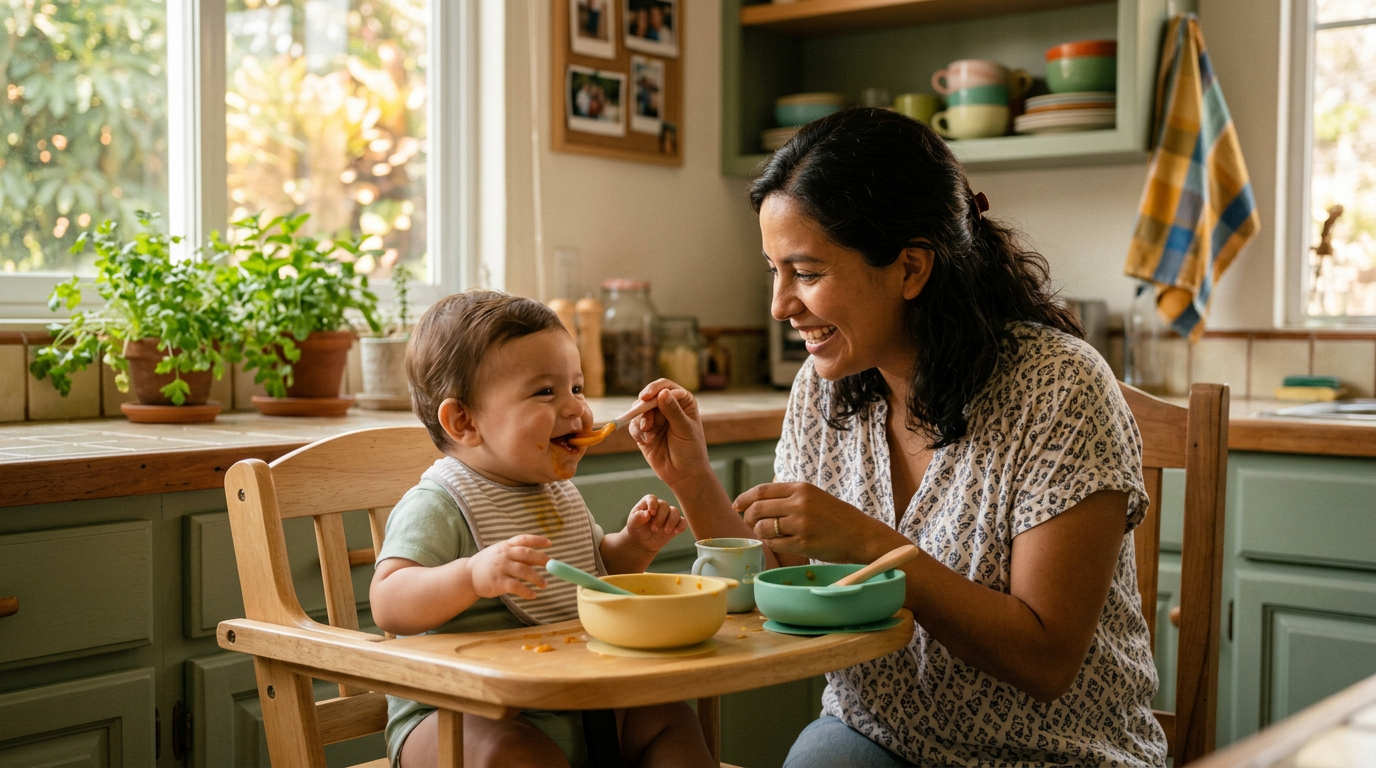 Ilustración sobre alimentación complementaria sin presiones: cómo empezar con tu bebé de 6 a 12 meses