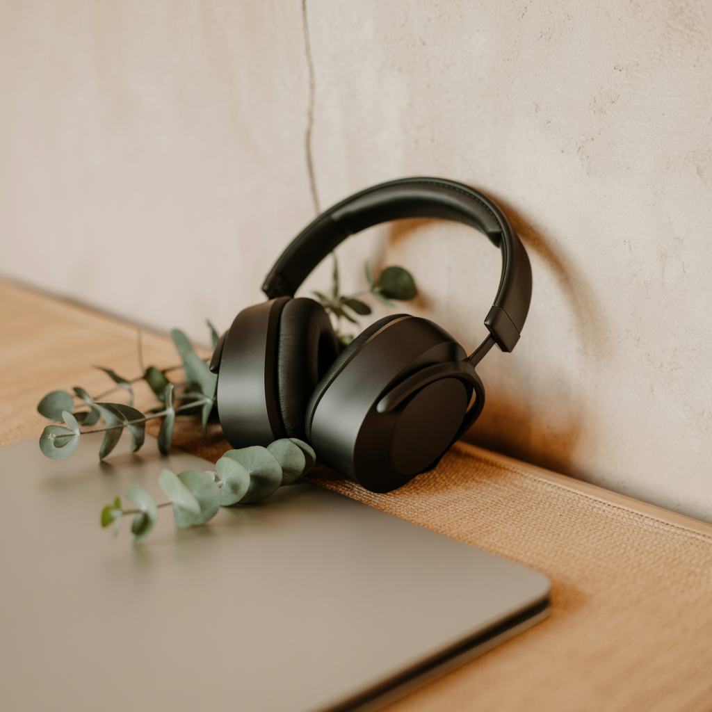 Audífonos premium sobre superficie minimalista con eucalipto
