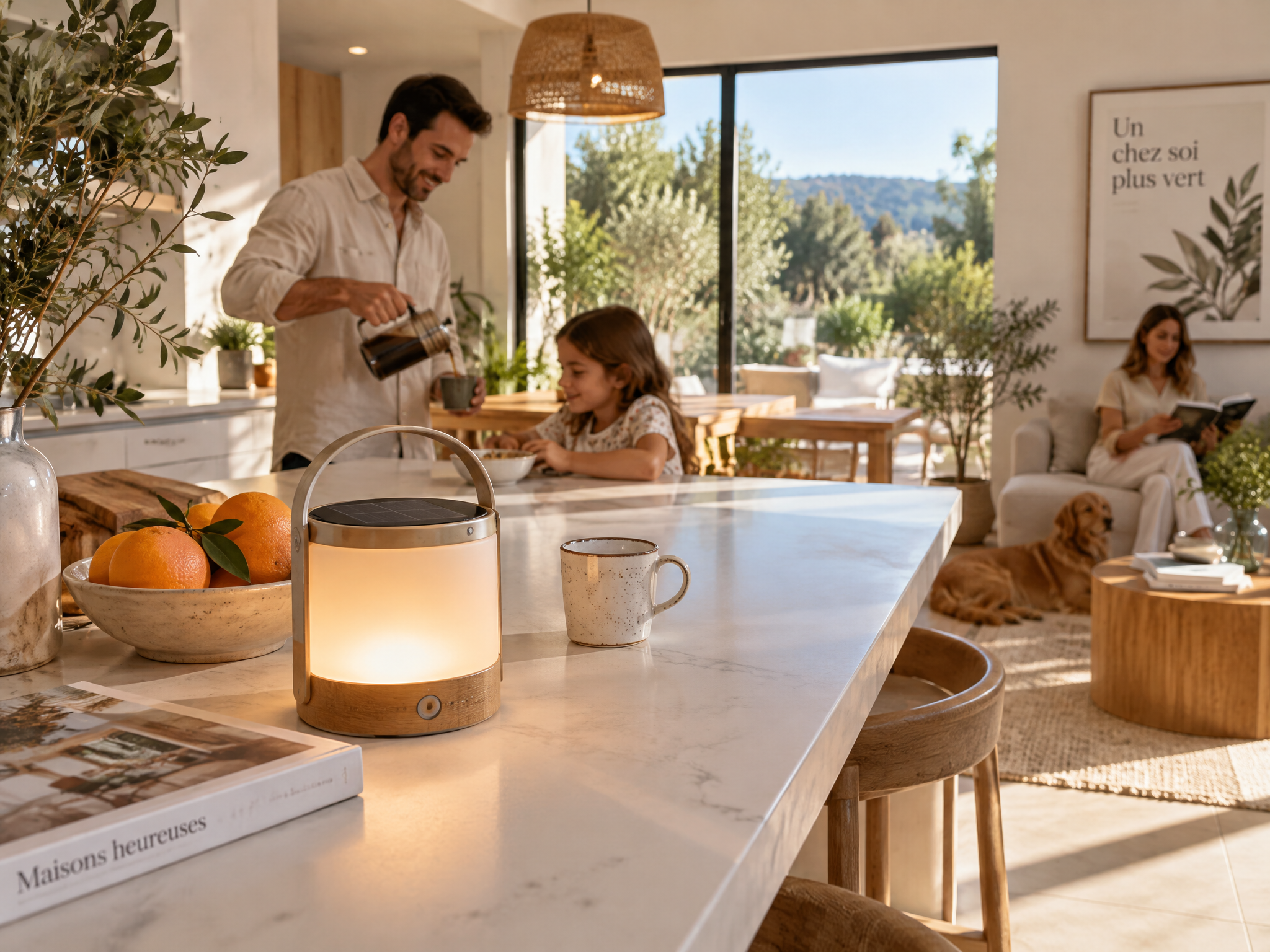 Intérieur calme éclairé par une lampe autonome