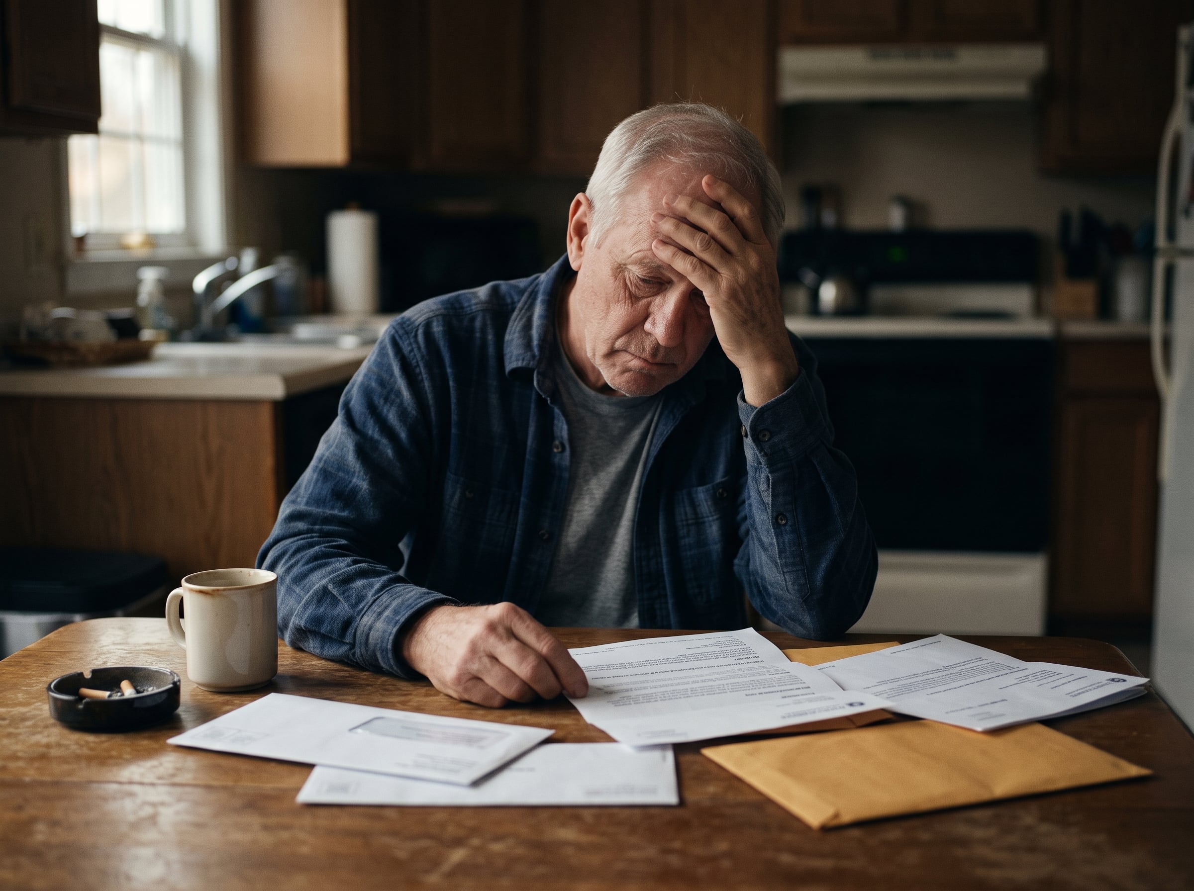 A veteran overwhelmed by VA paperwork and a decision notice at a kitchen table