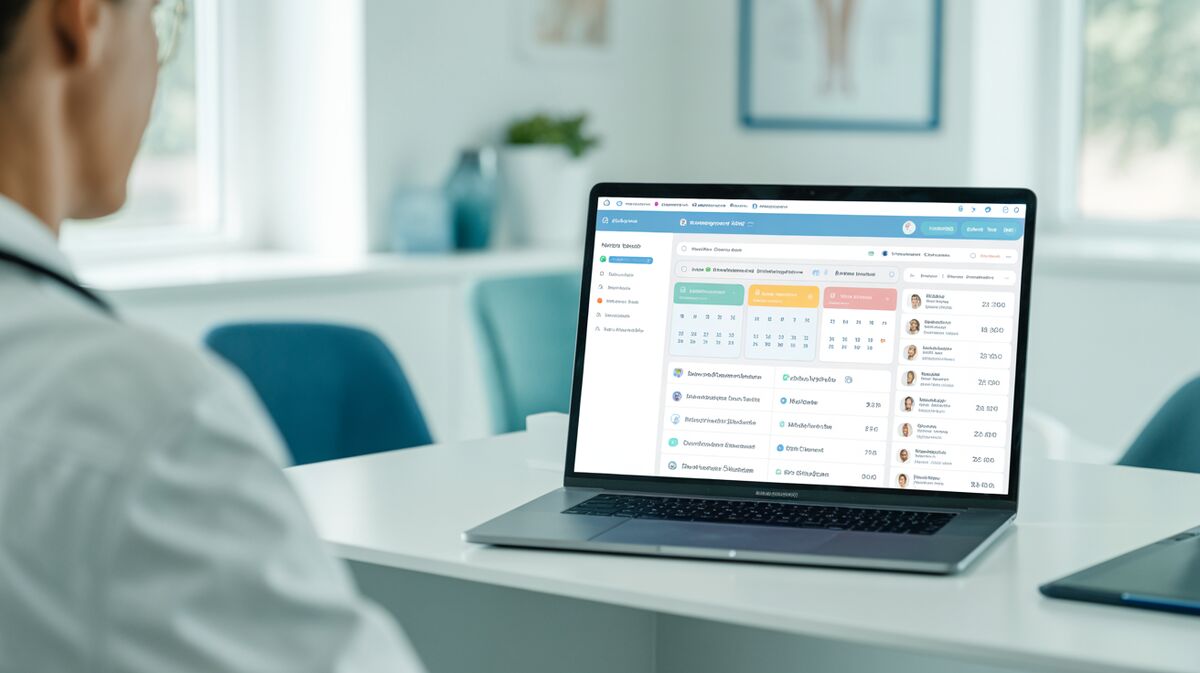 tomedo Praxis-CRM Dashboard auf einem MacBook in einer modernen Arztpraxis