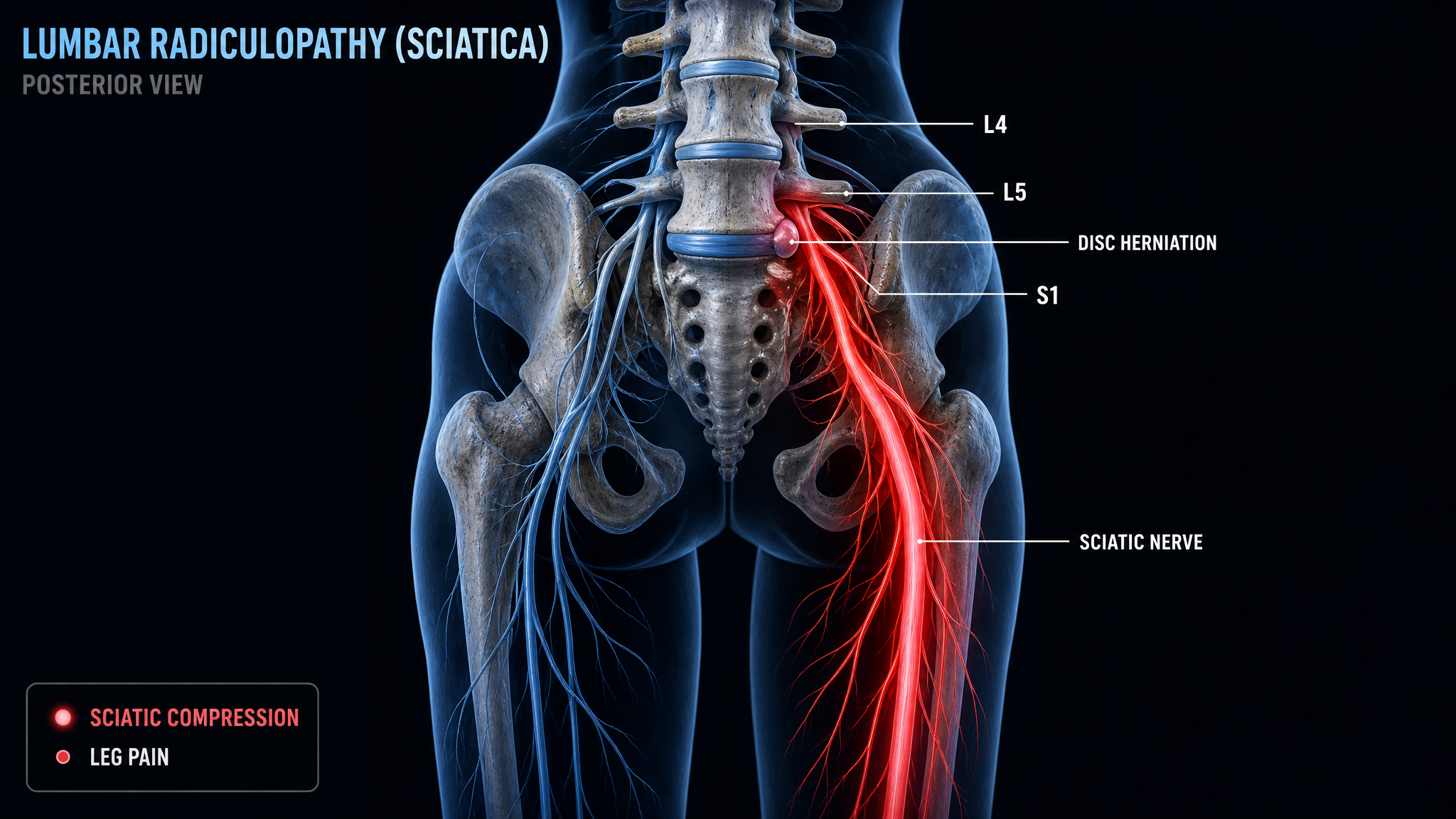 Lumbar radiculopathy (sciatica) anatomical diagram, compressed L5-S1 root and sciatic nerve