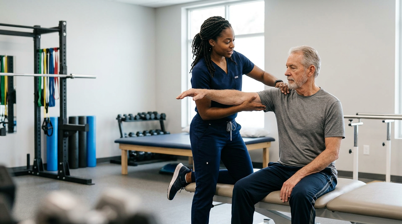 Black female physical therapist assessing an older male veteran's strength and mobility during a functional capacity evaluation