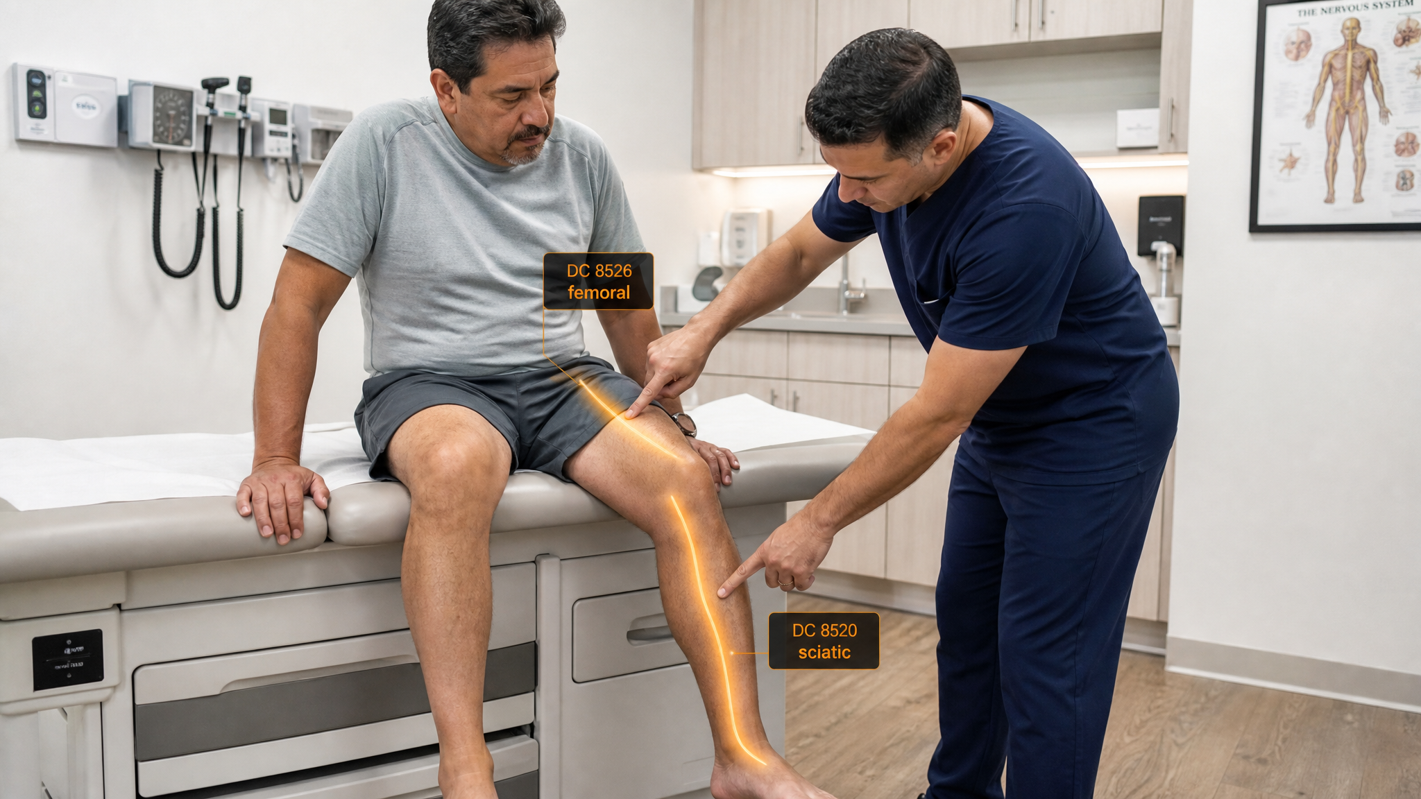 Hispanic man veteran in his 50s on an exam table while a clinician indicates both the front of the thigh and the back of the leg, two amber nerve glows labeled DC 8526 femoral and DC 8520 sciatic