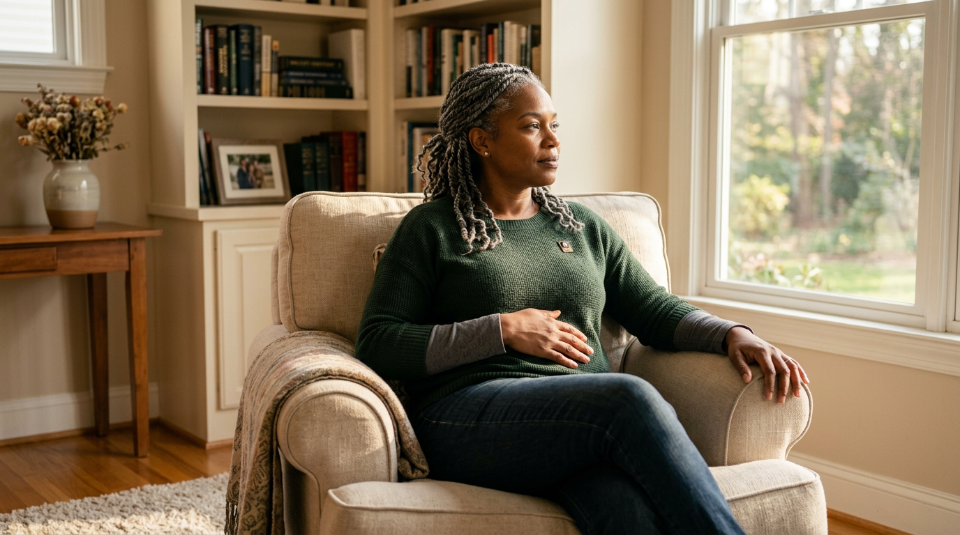 Black woman veteran in her 40s seated at home with a hand resting on her lower abdomen, in warm natural light