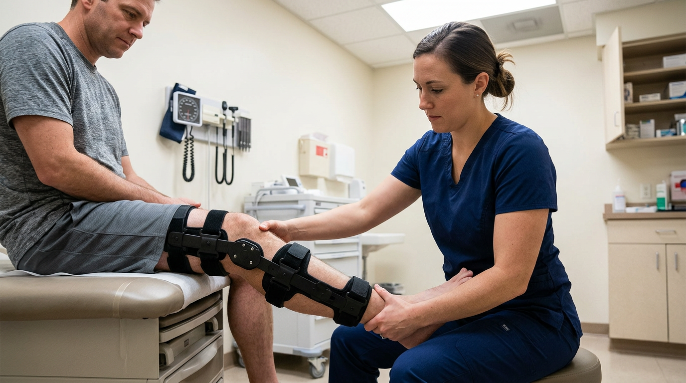 Photograph of a clinician checking the stability of a patient's braced lower leg with both hands