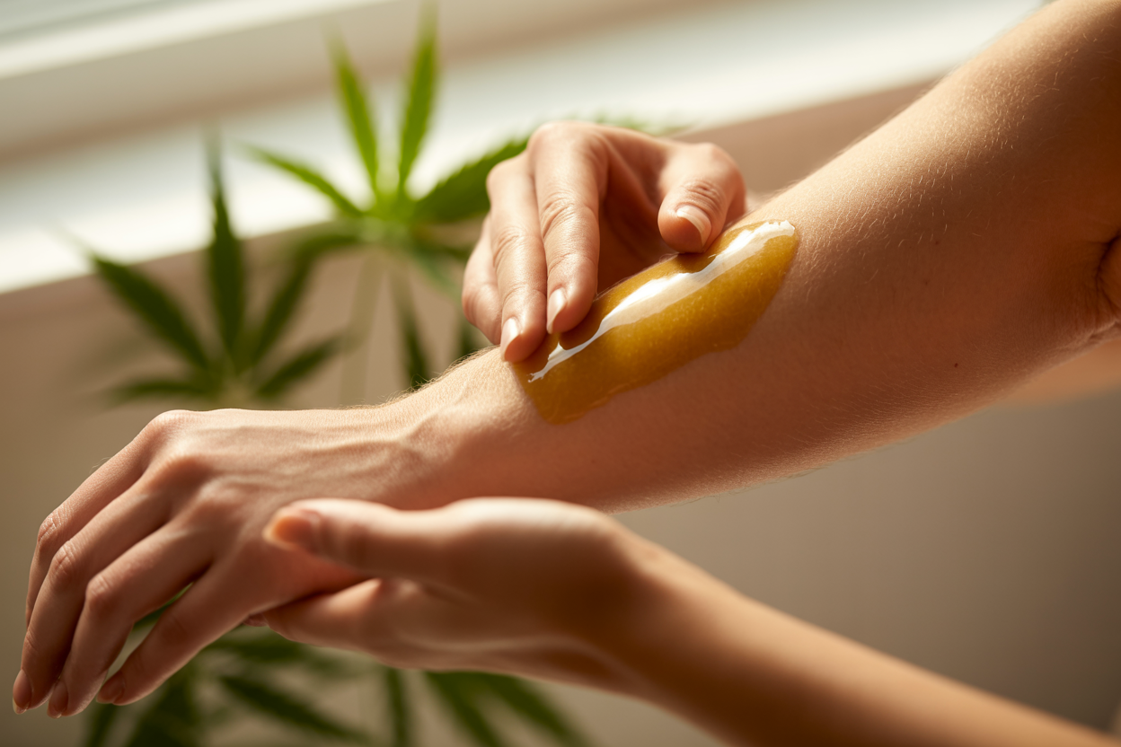 Applying CBD body oil to skin with gentle massage technique for deep nourishment