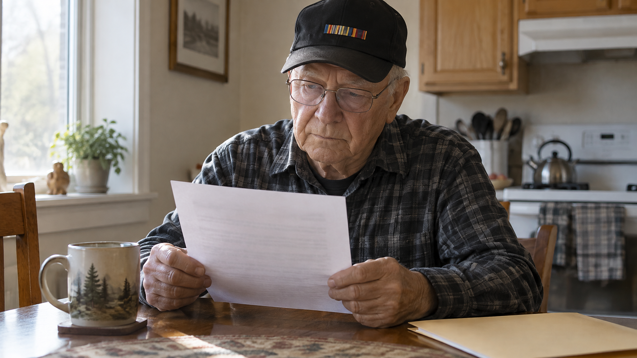 An older veteran in his veteran cap and reading glasses reading a VA letter at his kitchen table