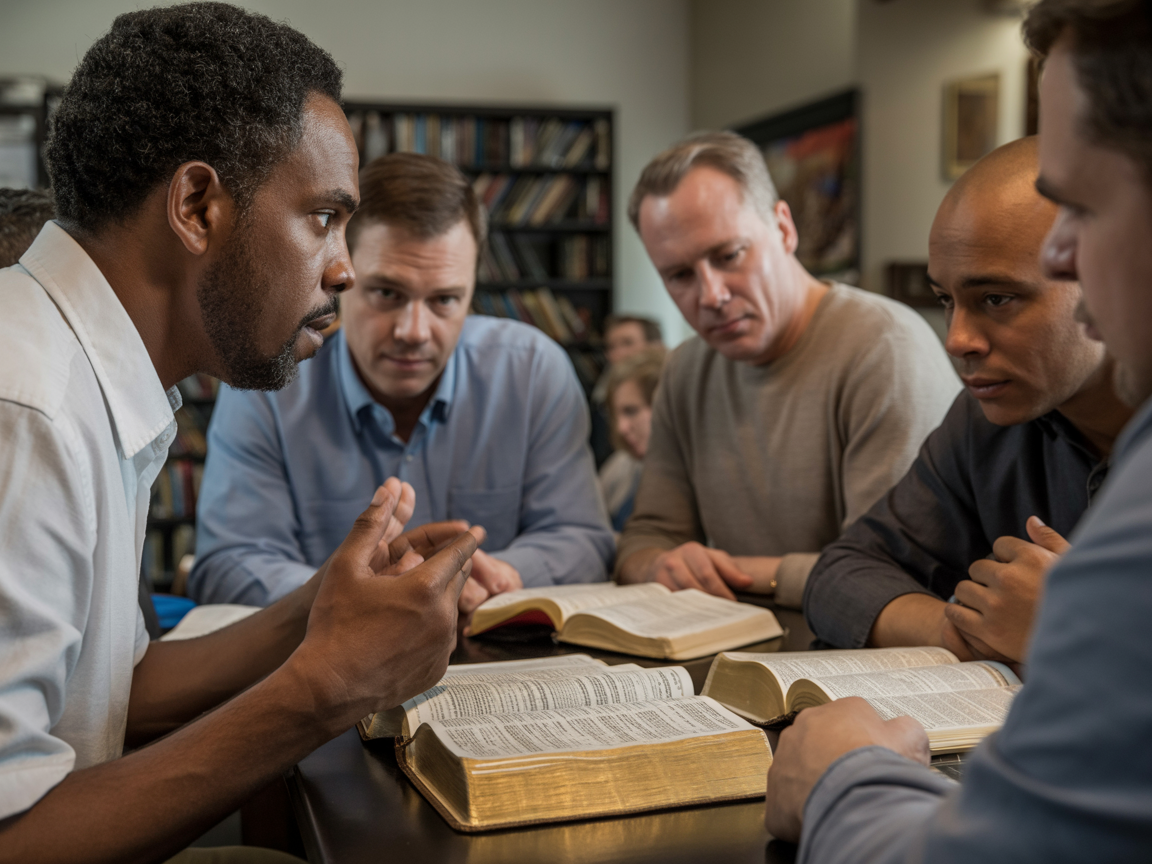 African American man leading a diverse group of men in Bible study