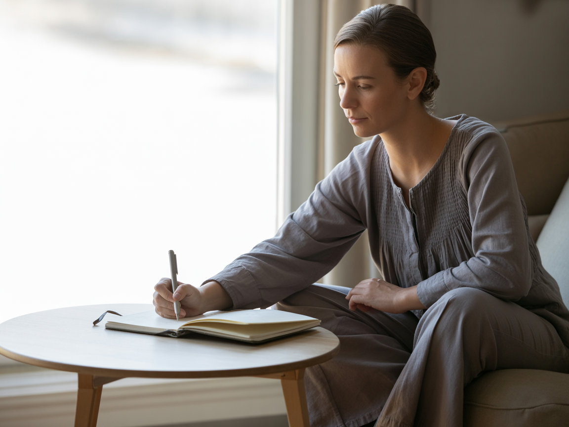 Osoba sedi pored prozora i zapisuje misli u svesku, fokusirana na introspekciju i razvoj svesti