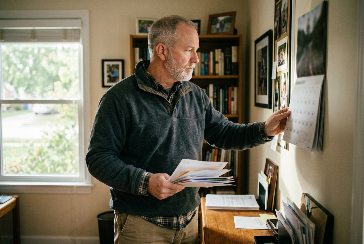 A military veteran reviewing a calendar and paperwork thoughtfully at home