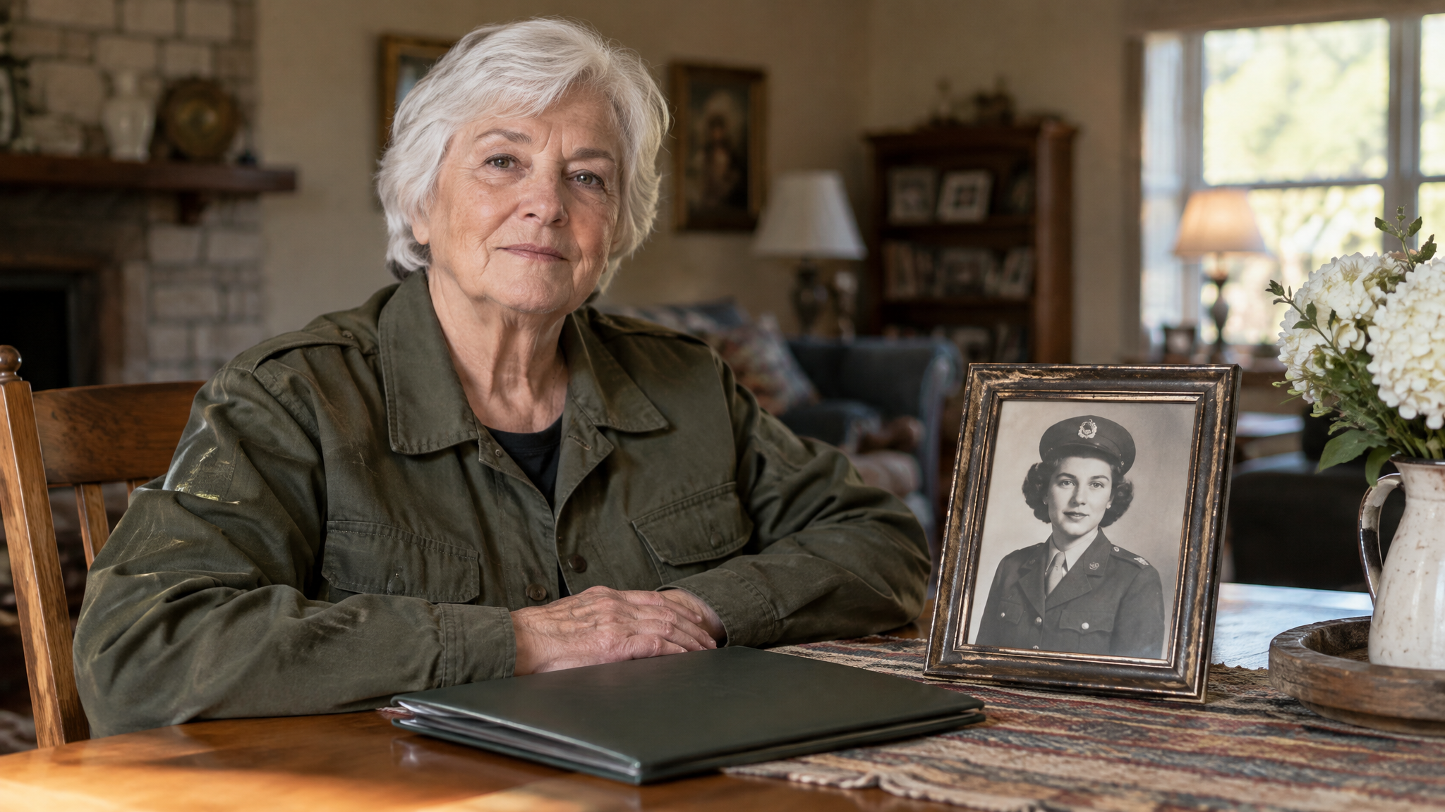 An older woman veteran in an olive jacket beside a framed photo of herself in uniform