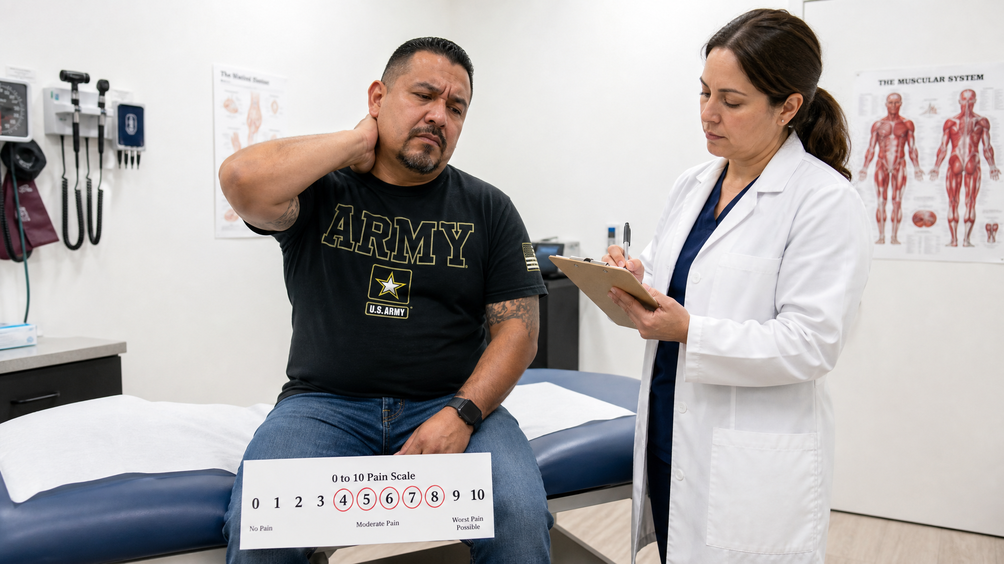 Clinical teaching photograph of a seated Hispanic male veteran pressing a hand to the side and back of his neck while a clinician takes notes, beside a 0 to 10 pain scale marked with a range from 4 to 8