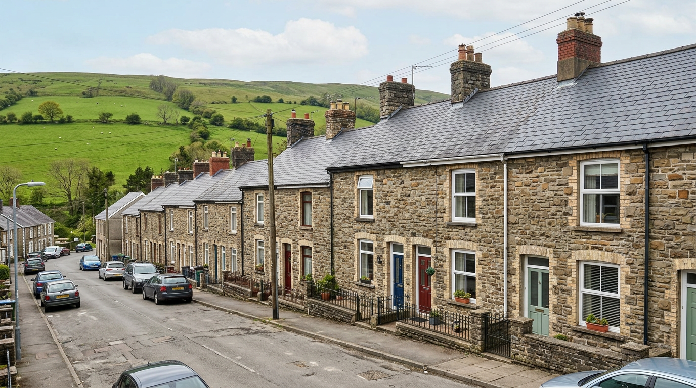 Row of traditional Welsh stone terraced houses with slate roofs in a green valley