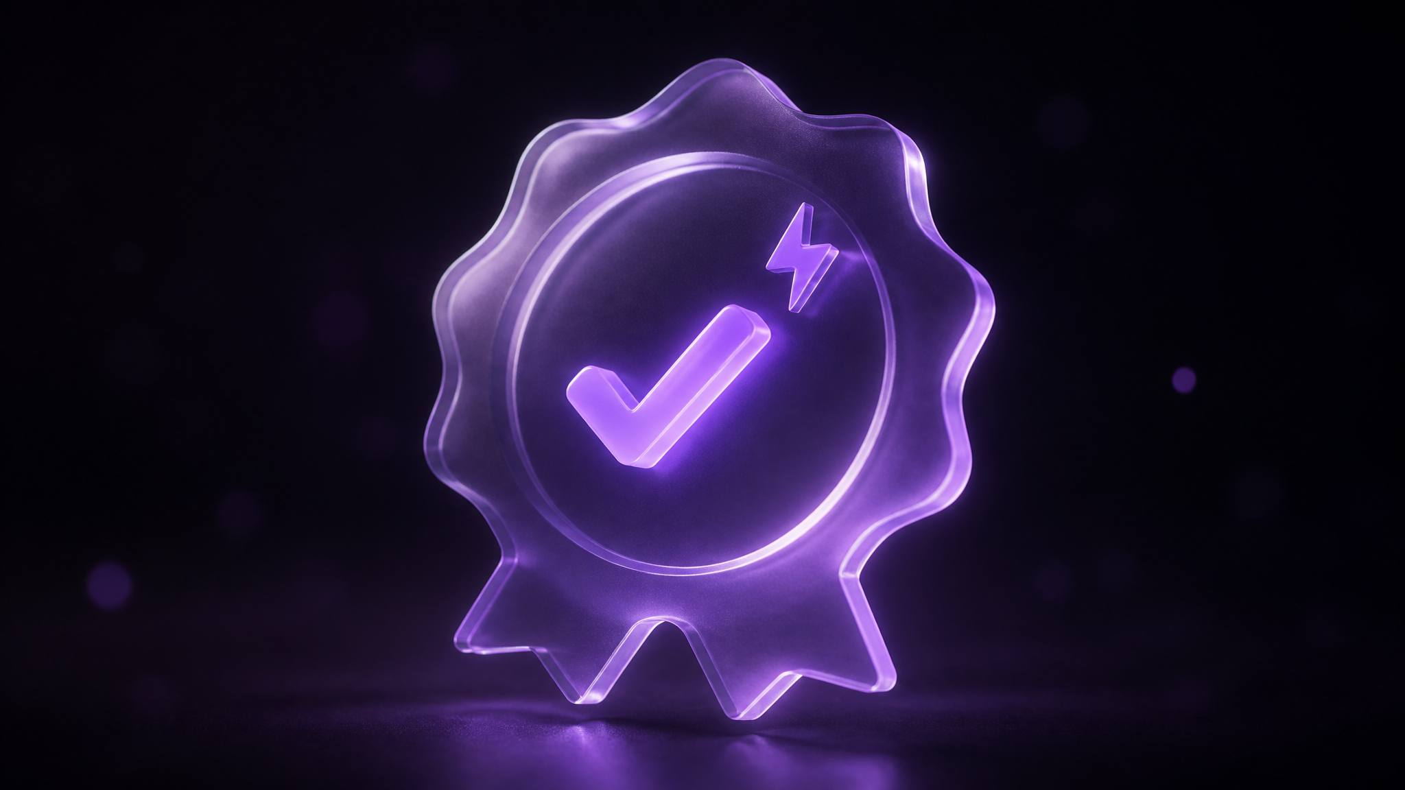 A violet frosted-glass certificate with a glowing checkmark and a small lightning bolt in the dark