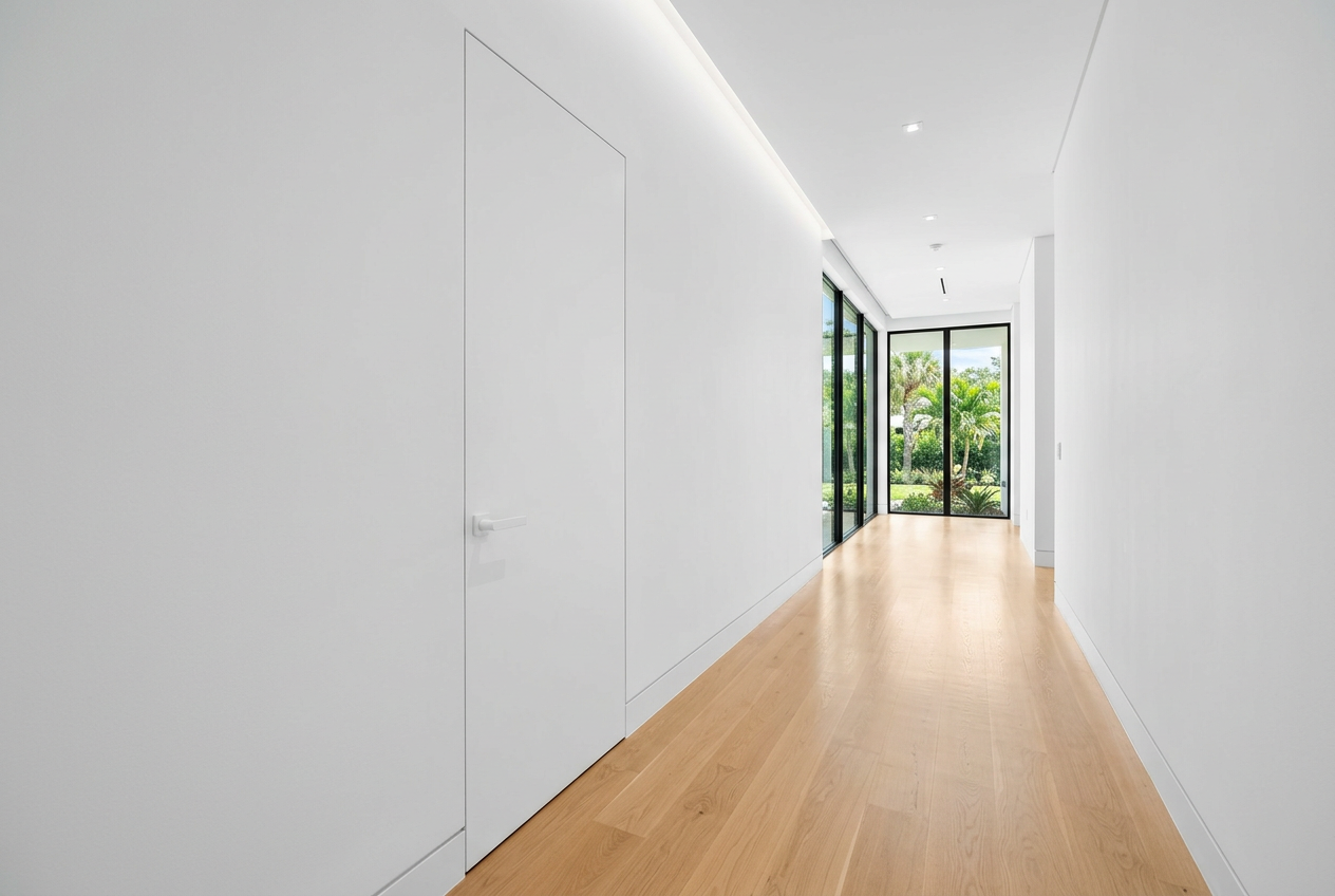 Flush white frameless invisible door blending into the wall of a modern minimalist Orlando hallway