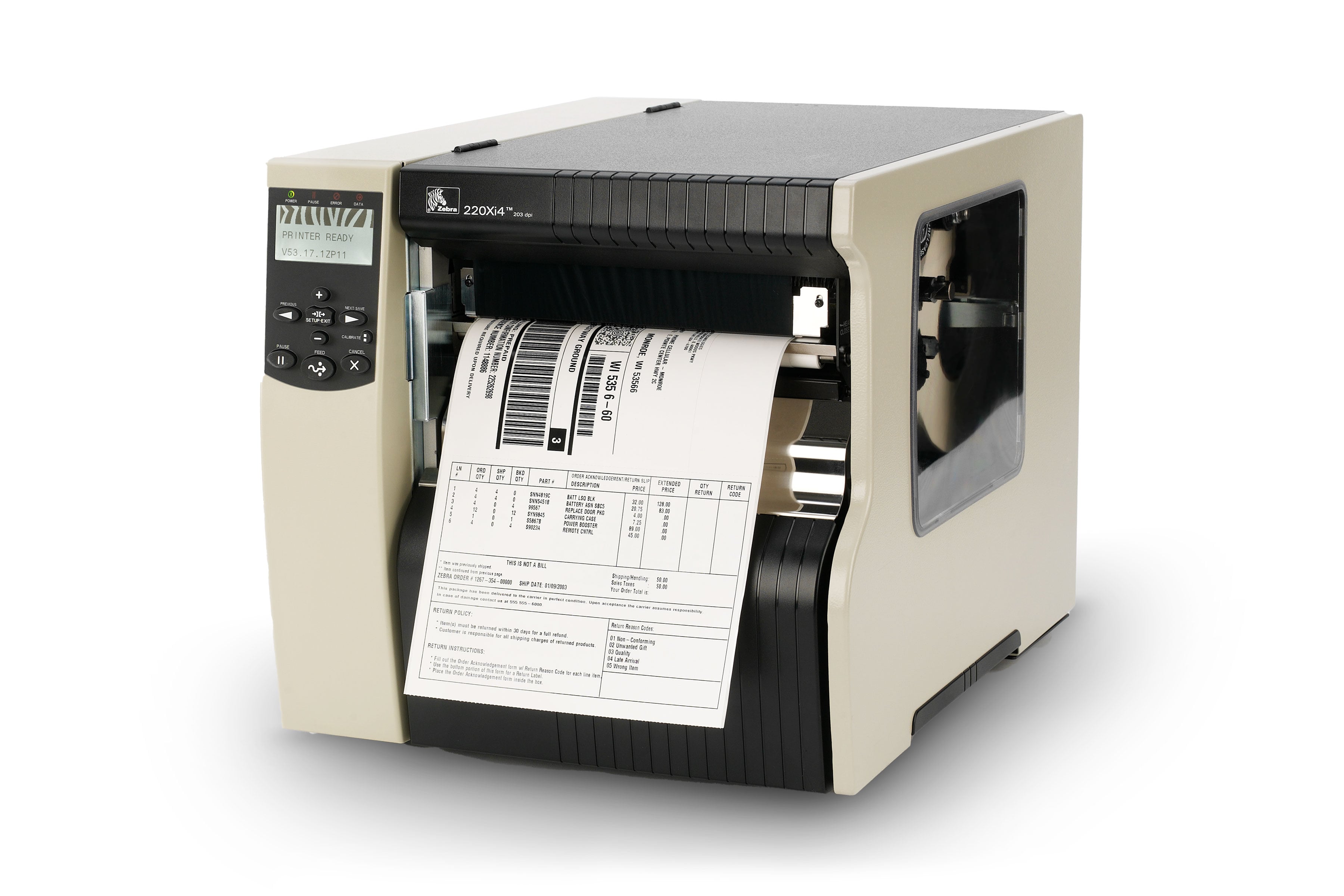Zebra industrial barcode printer in a warehouse setting