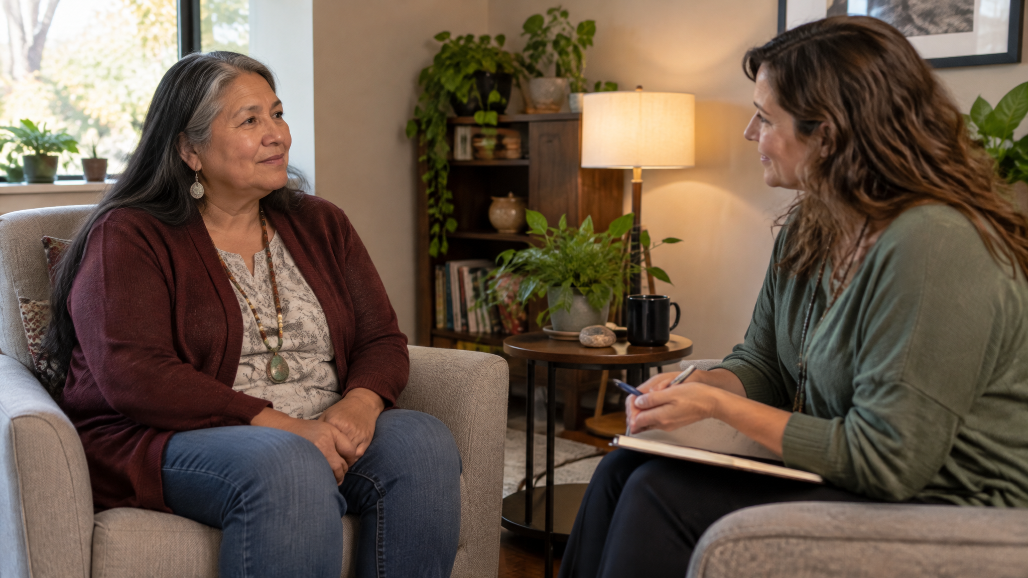 A woman veteran talking with a woman counselor in a calm softly lit office