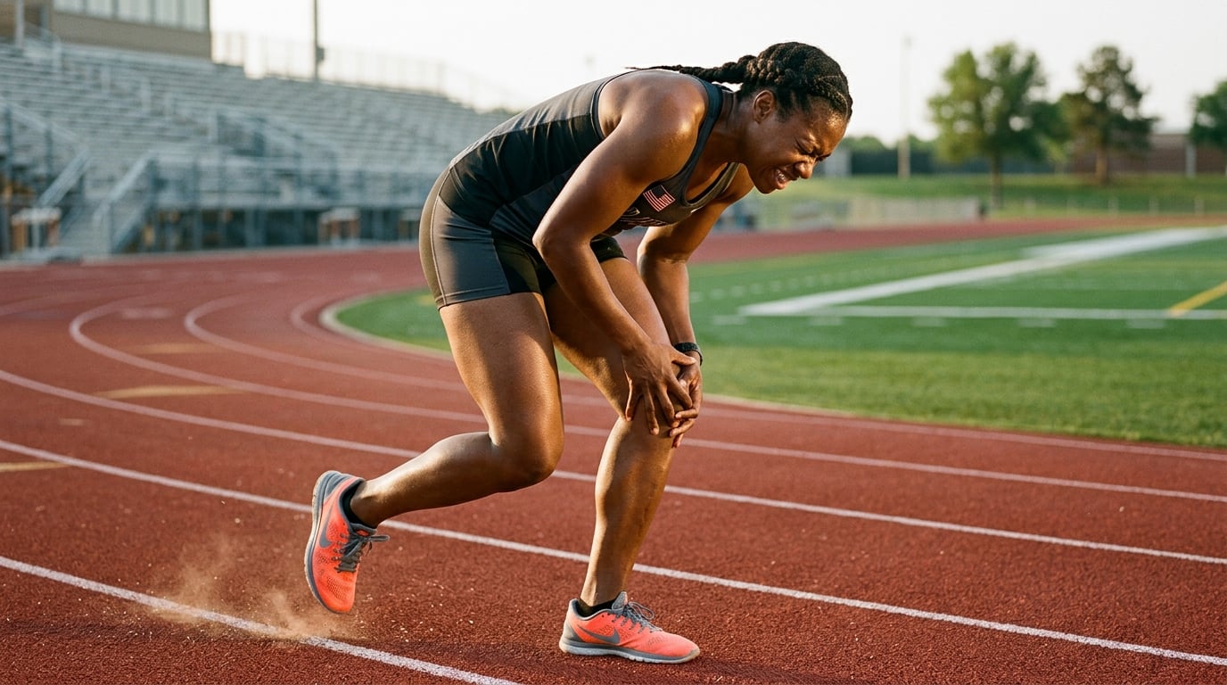A woman veteran runner clutching her knee