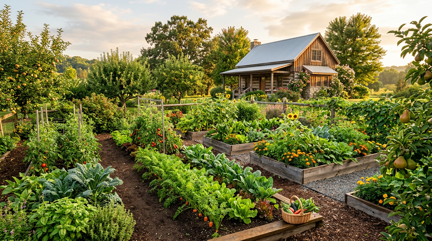 An abundant organic homestead garden in warm morning light