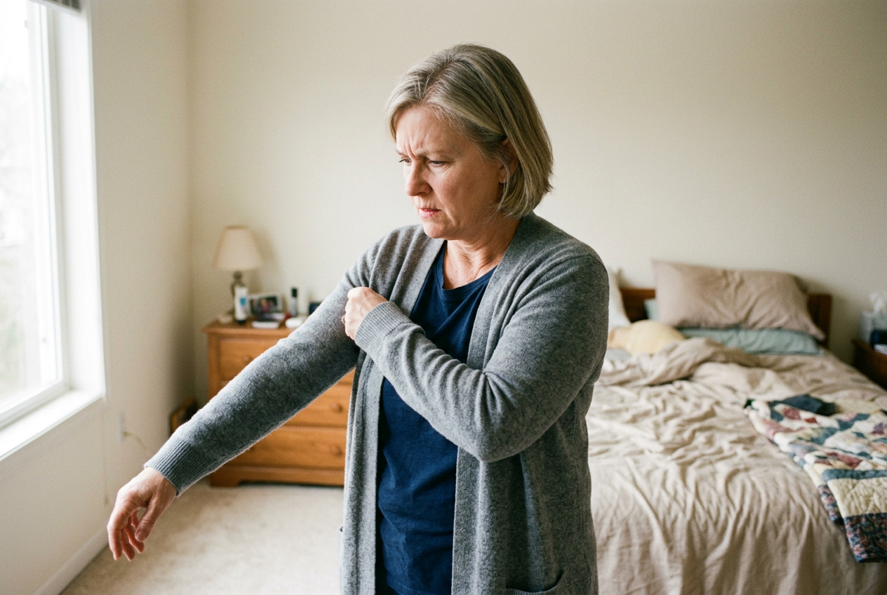 A white woman veteran struggling to pull on a jacket, unable to get her arm through the sleeve due to limited shoulder motion