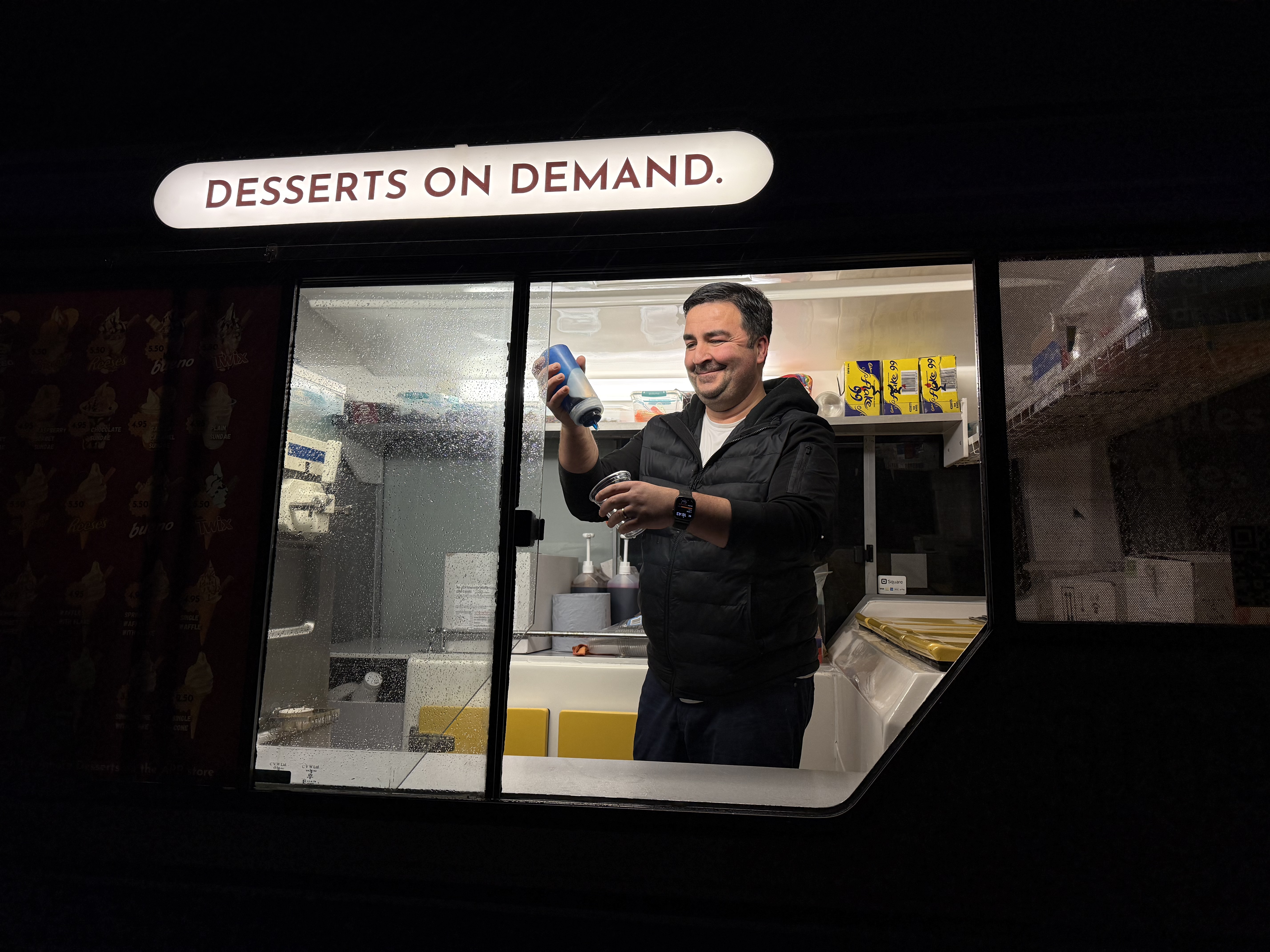 Amore Desserts on Demand van serving at night