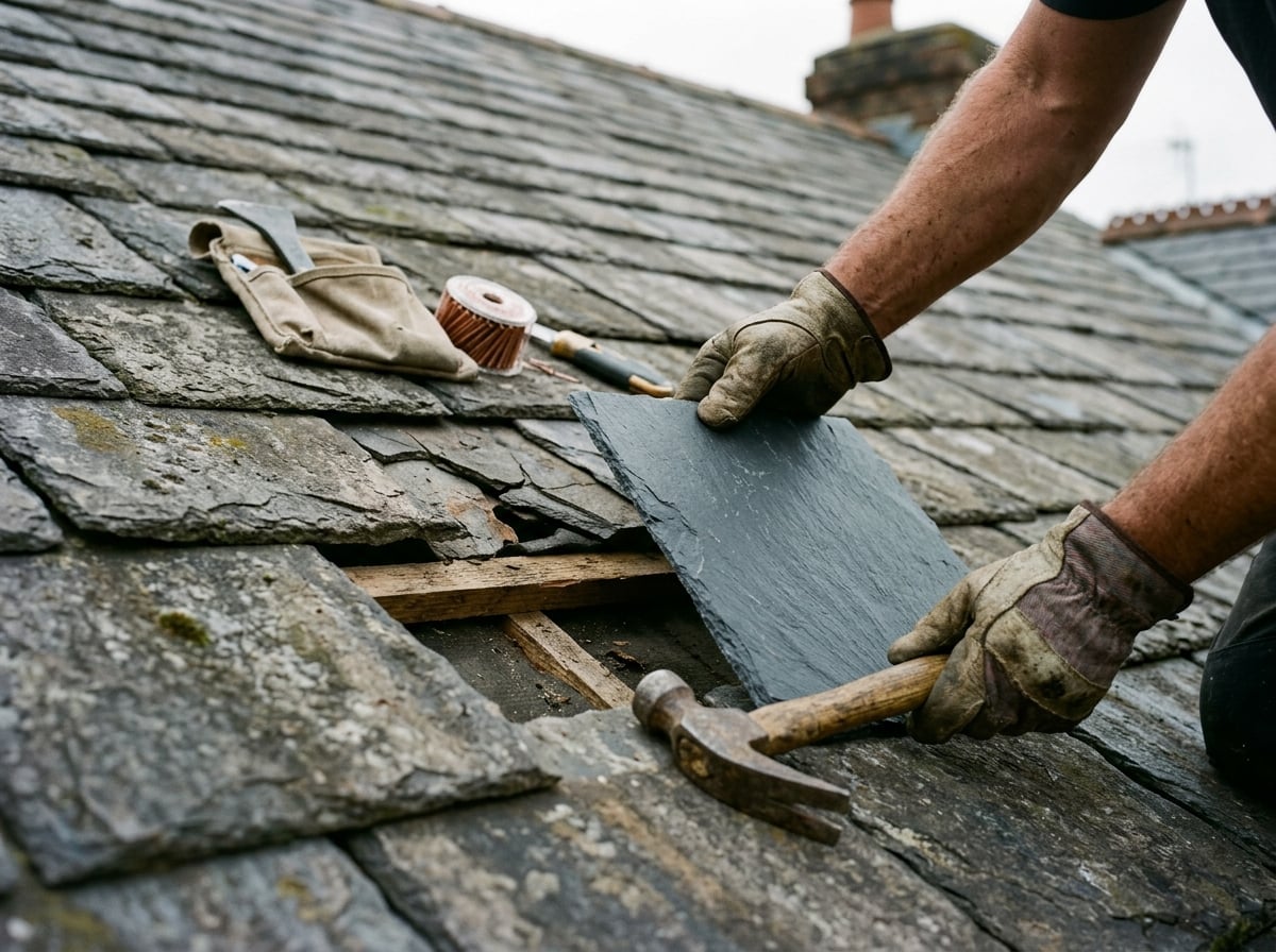 Roofer fitting new slate tiles on a pitched roof