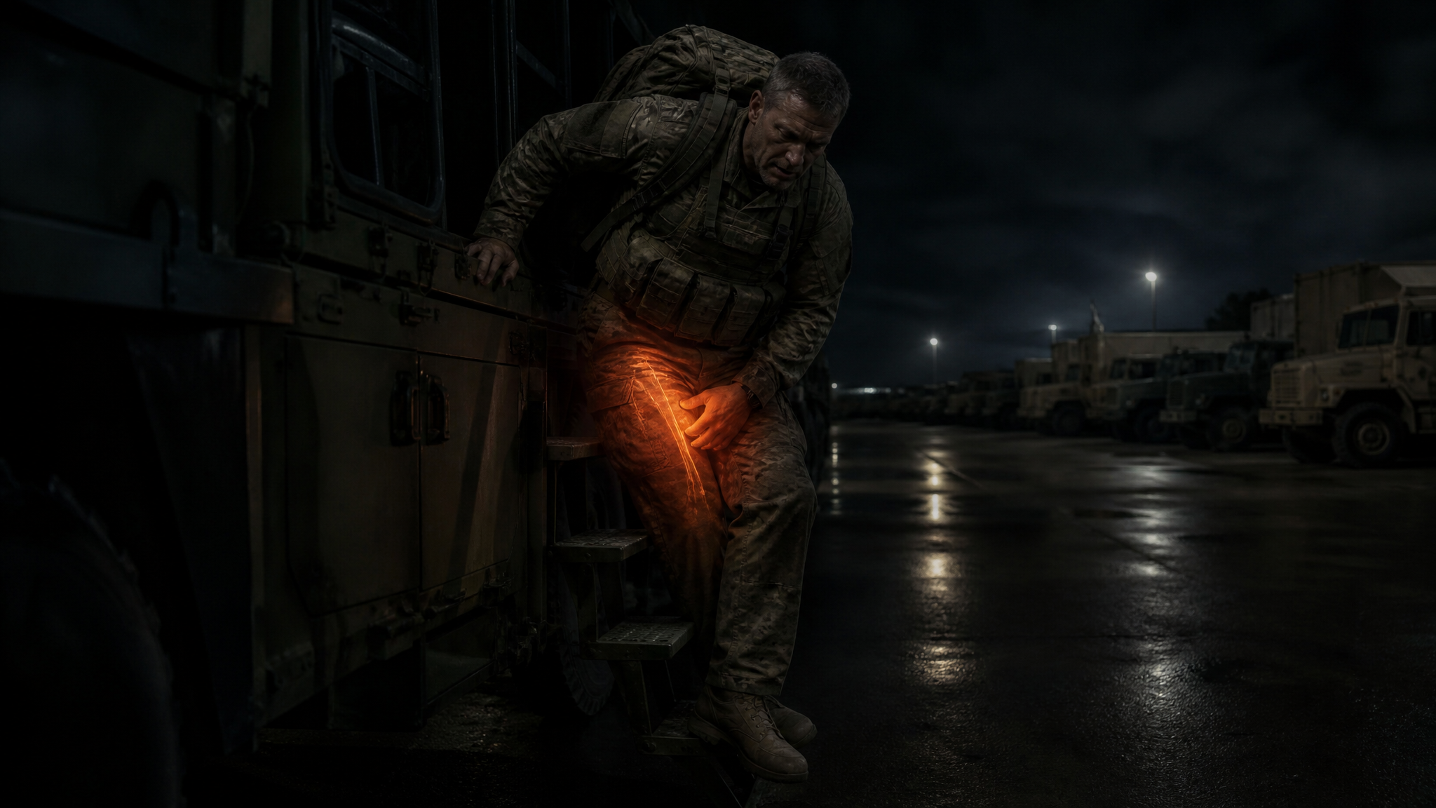 An older white male soldier in uniform making an awkward hip-loaded dismount from a military transport vehicle at night with a loaded pack, one hand bracing the front of his hip and thigh, a faint hot-orange glow at the front of the hip