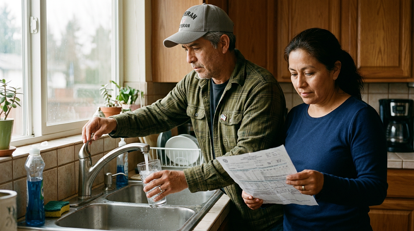 Veteran couple at their kitchen sink, the husband holding a glass of tap water and the wife a printed water test report