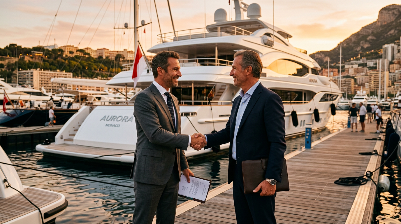 Yacht broker and owner finalizing a sale on the marina dock at golden hour