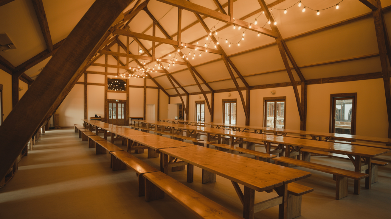 Warm interior gathering space at The Hayfield