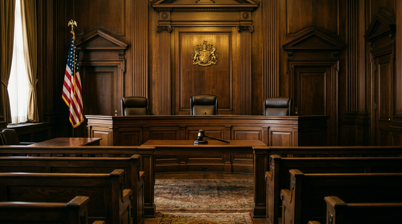 A formal appeals hearing room with a gavel and an American flag