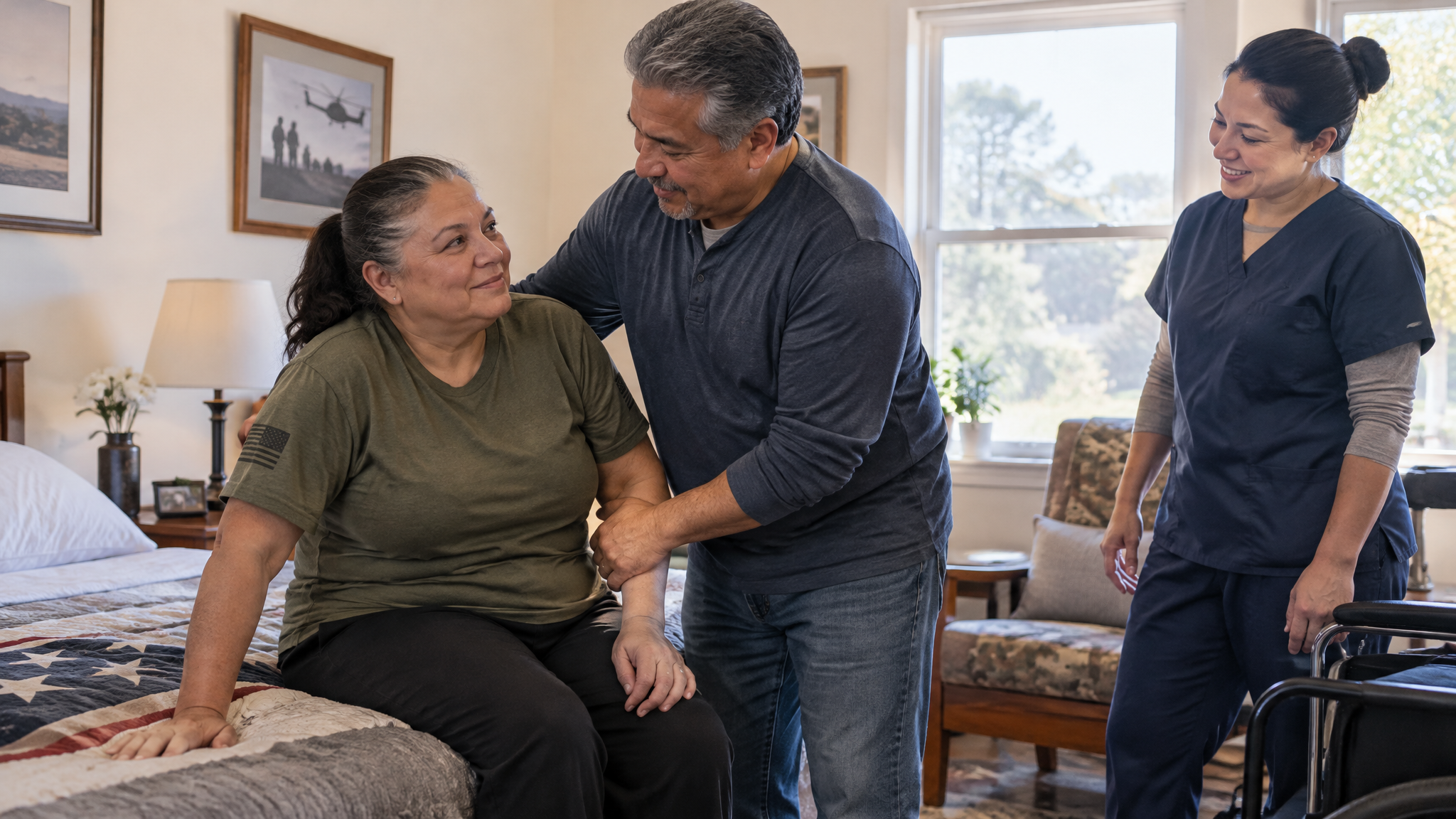 A husband helping his wife, a veteran, settle into a bright room at a community living center while a nurse looks on