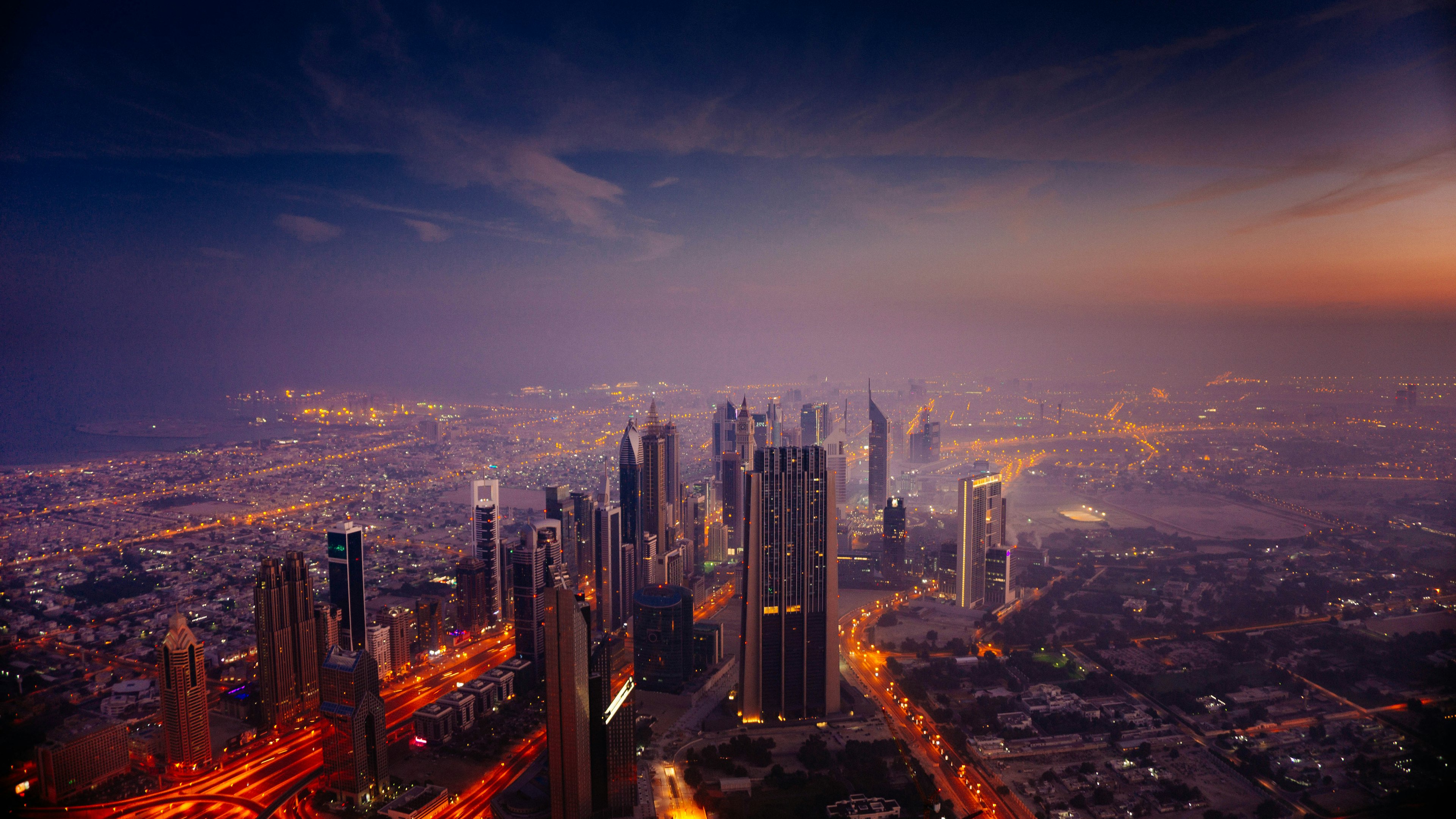 Financial district skyline at dusk