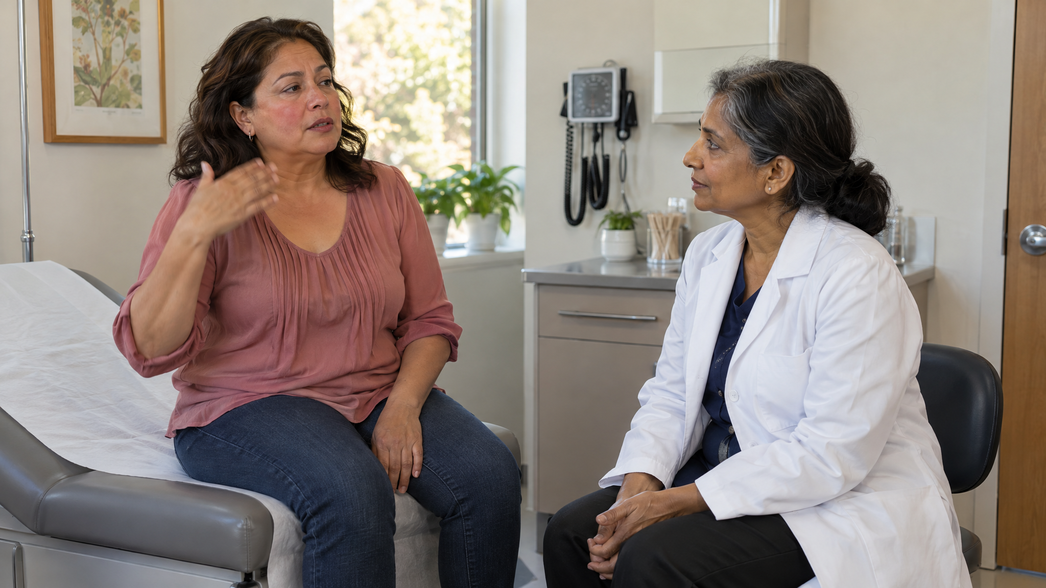 A woman veteran fanning herself during a hot flash while a woman doctor talks with her in an exam room