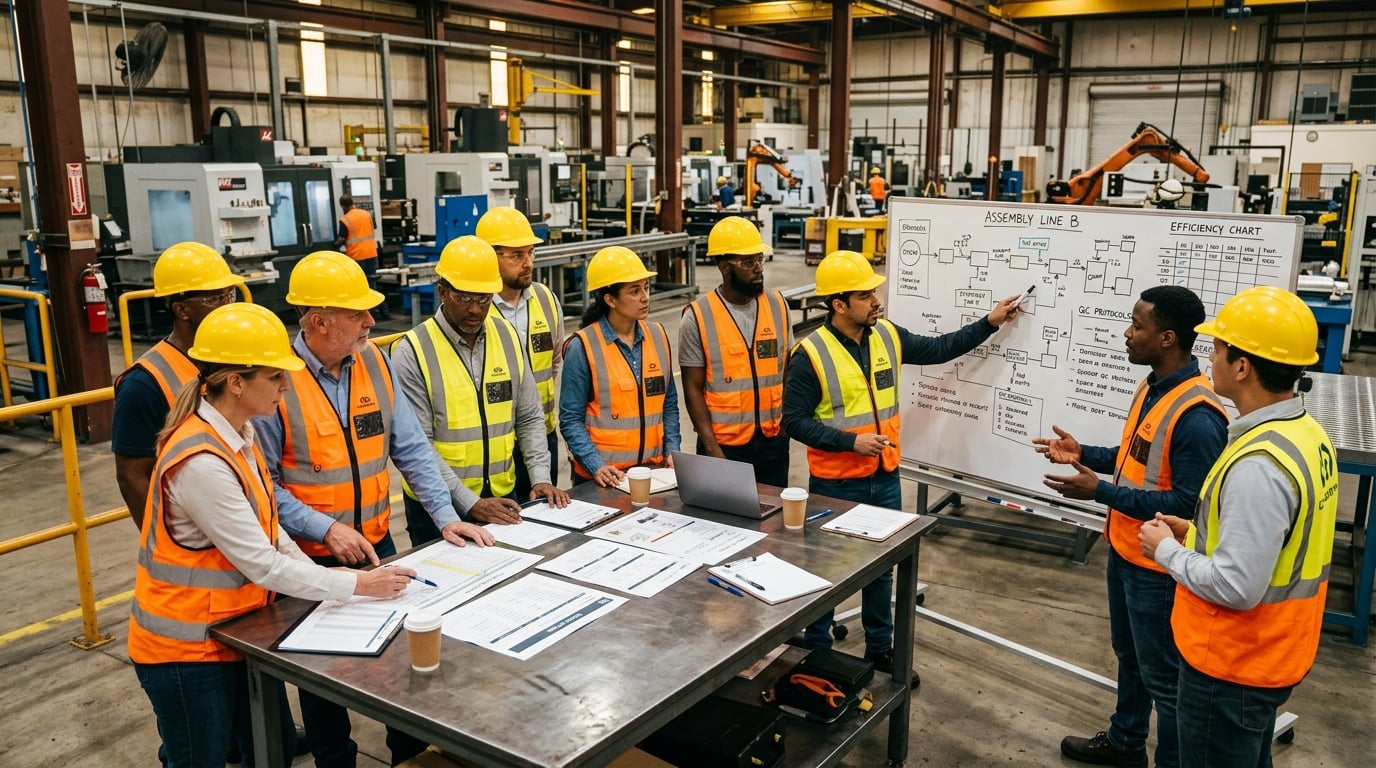 A supervisory team on a manufacturing plant floor reviewing find-and-fix action plans together