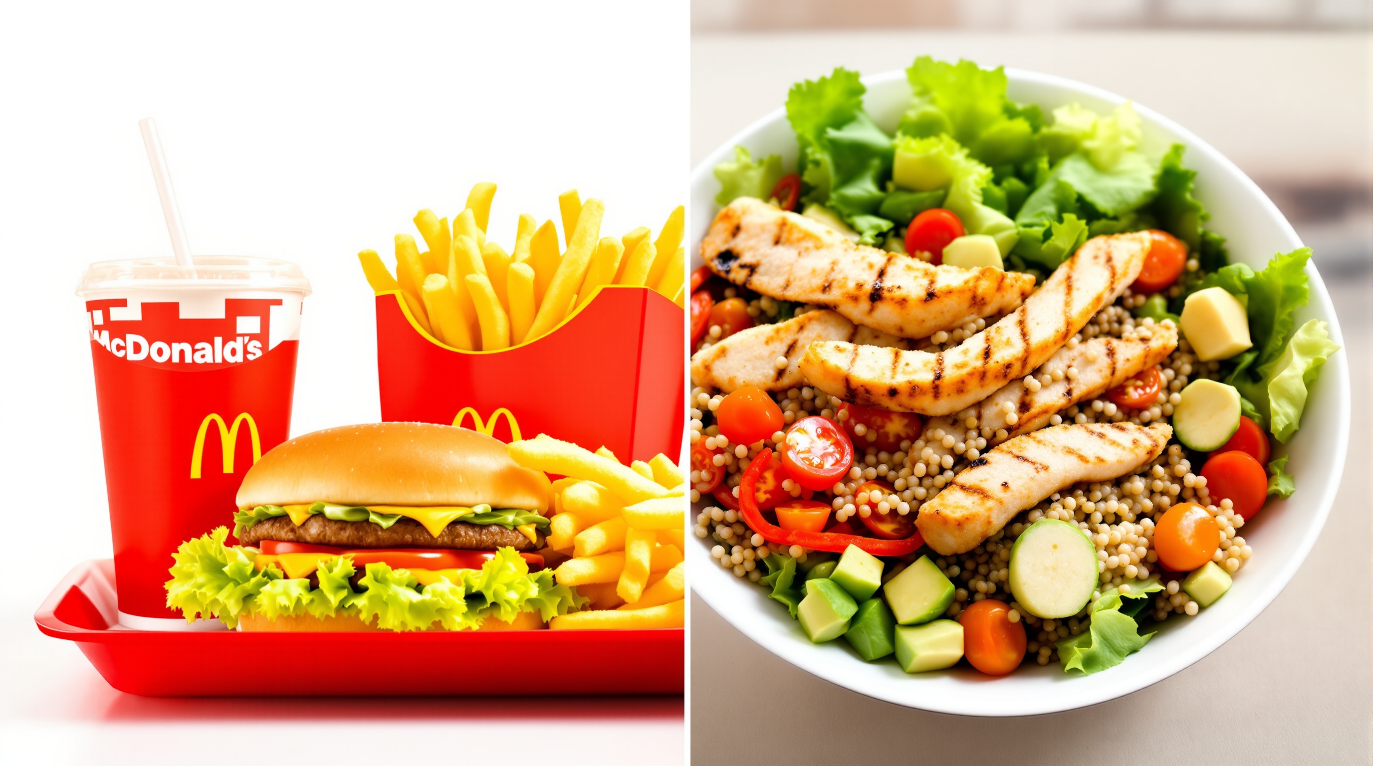 Comparison of traditional McDonald's Happy Meal versus modern high-protein bowl showing fast food industry transformation in 2025