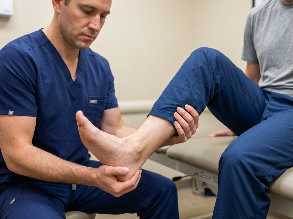 A physical therapist's hands performing the anterior drawer test on a patient's ankle, gripping the heel and tibia to test for joint instability