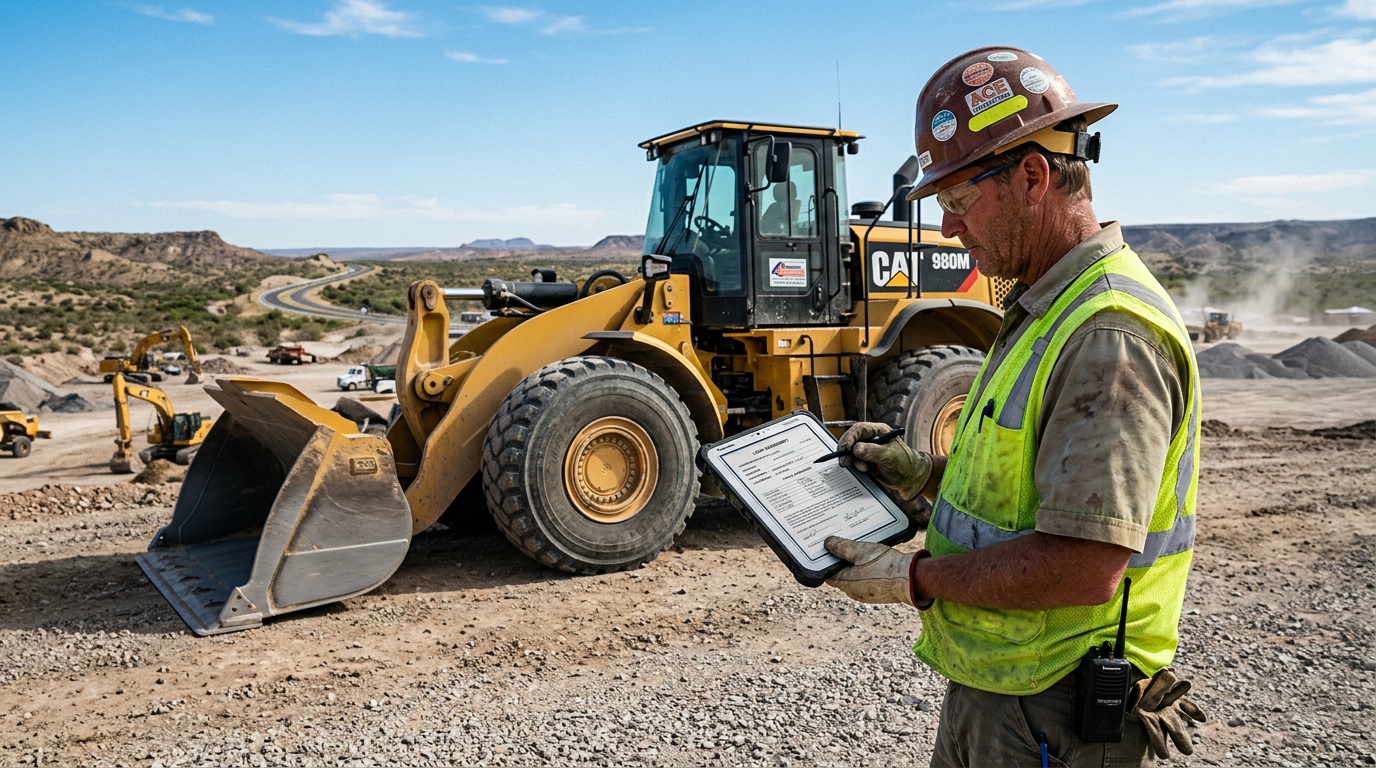 Loan documents on a clipboard in front of a used wheel loader