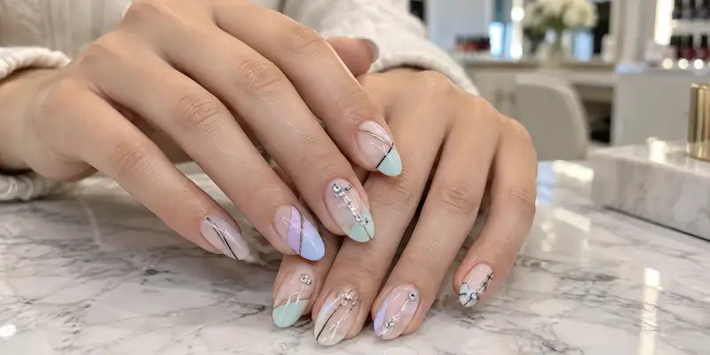 Unhas decoradas com nail art artística e pedrarias em salão de Sorocaba